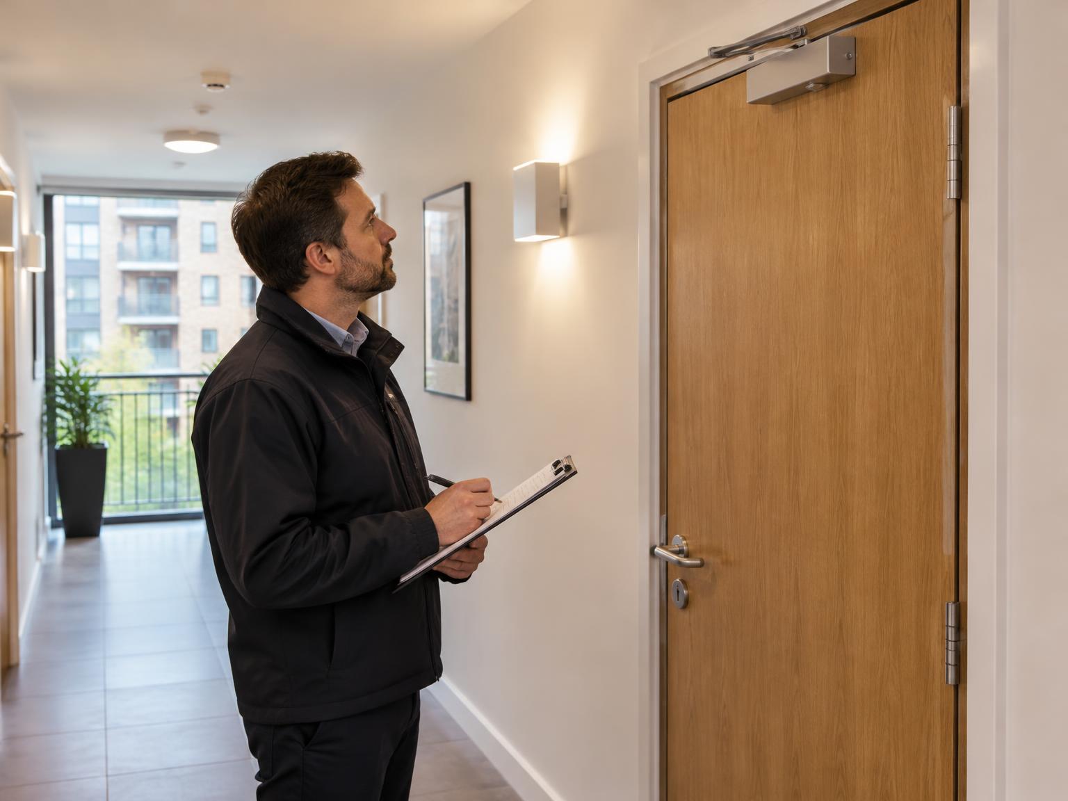 Illustrative consultant inspecting a communal fire door in a London block of flats