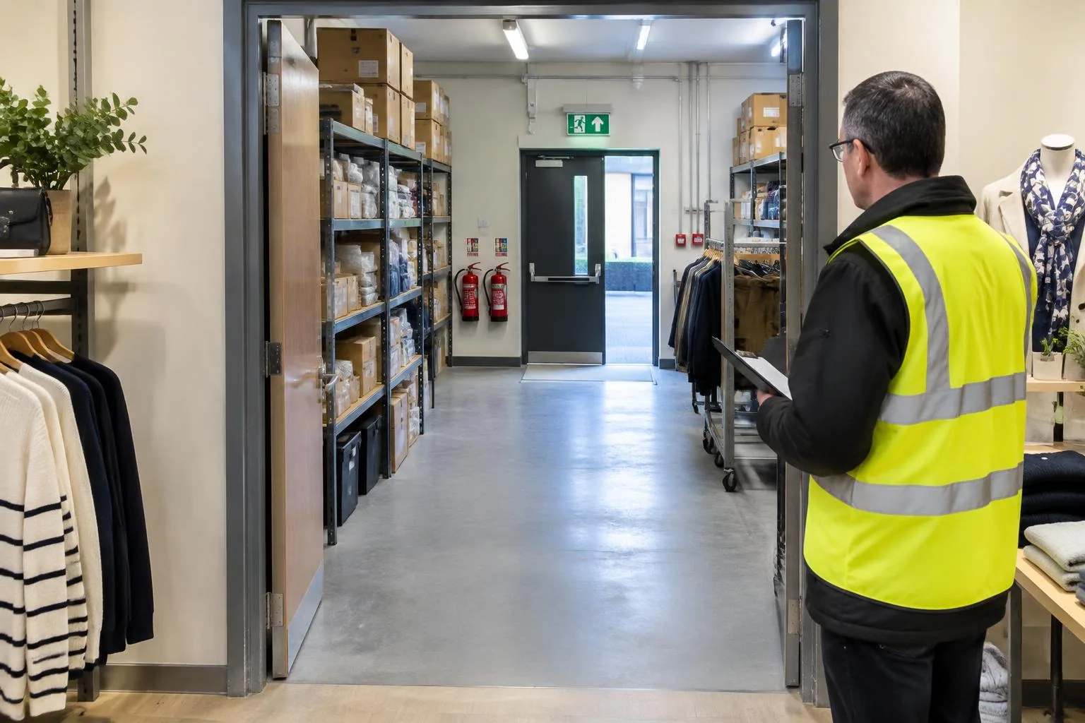 AI illustration of a generic retail fire-safety visit, not a named premises or completed project