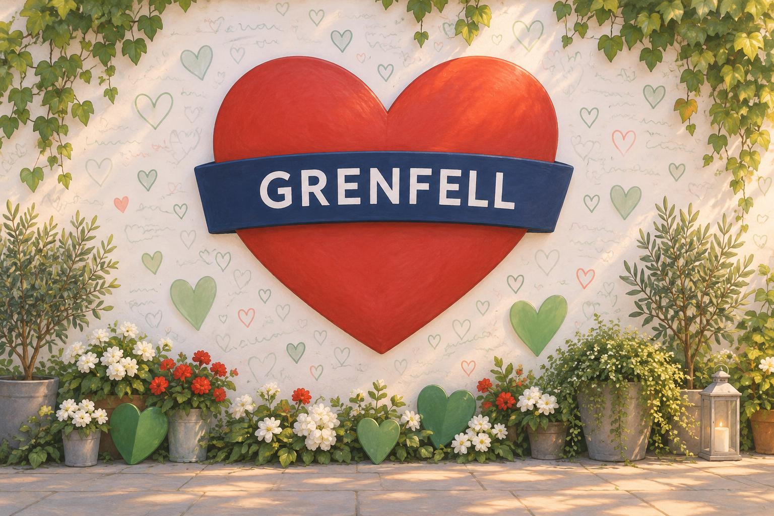 Illustration of a red heart with a Grenfell banner on a memorial wall, surrounded by green hearts and flowers