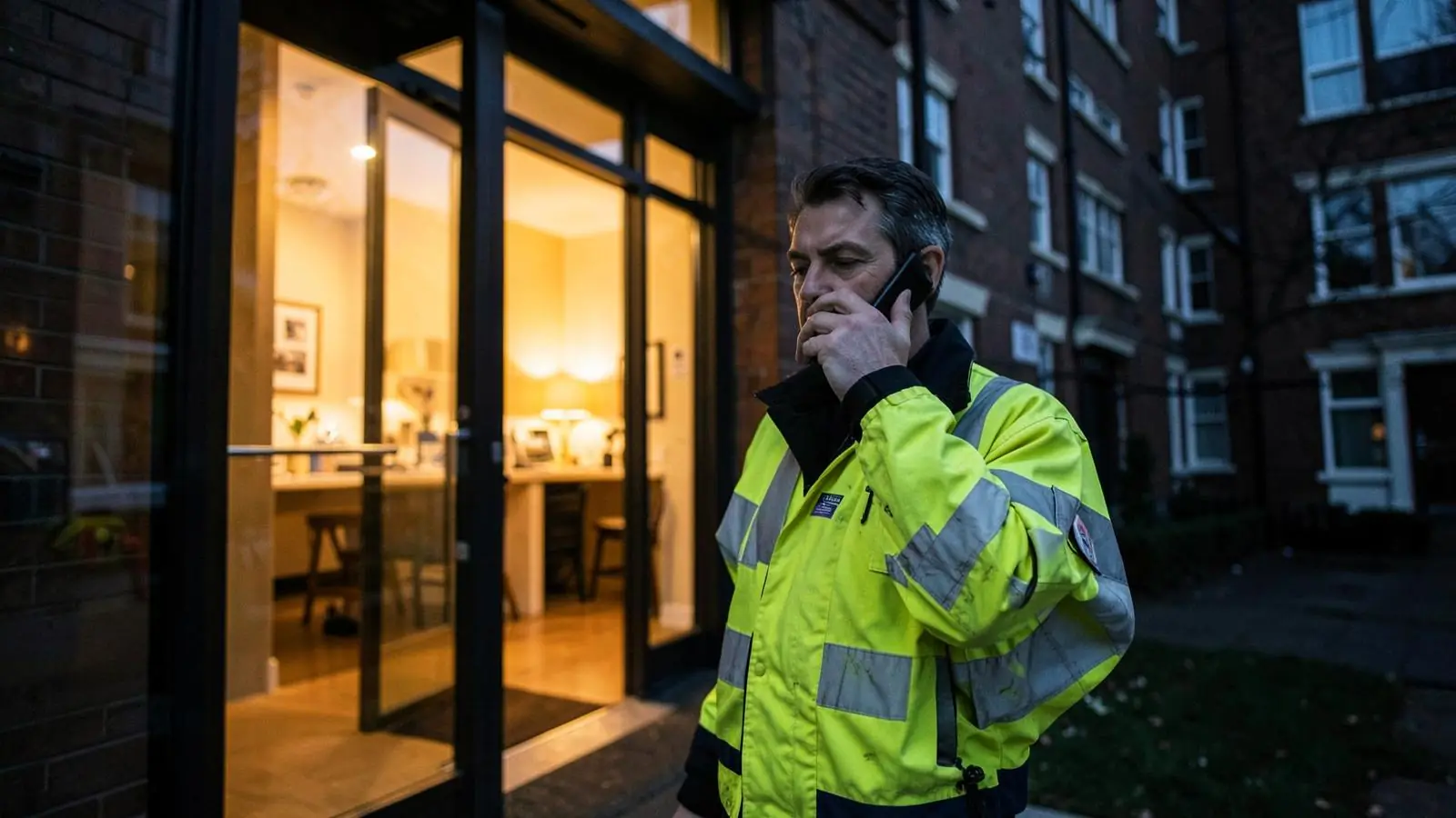 Fire safety consultant on the phone outside a lit London block of flats entrance at dusk