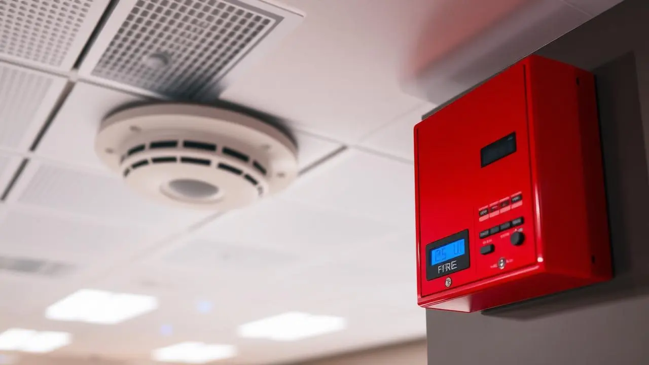 Red fire alarm control panel and ceiling smoke detector in a modern office