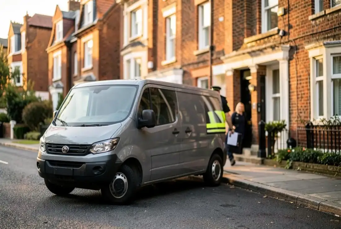 Fire safety assessor arriving at a London residential street with a survey folder