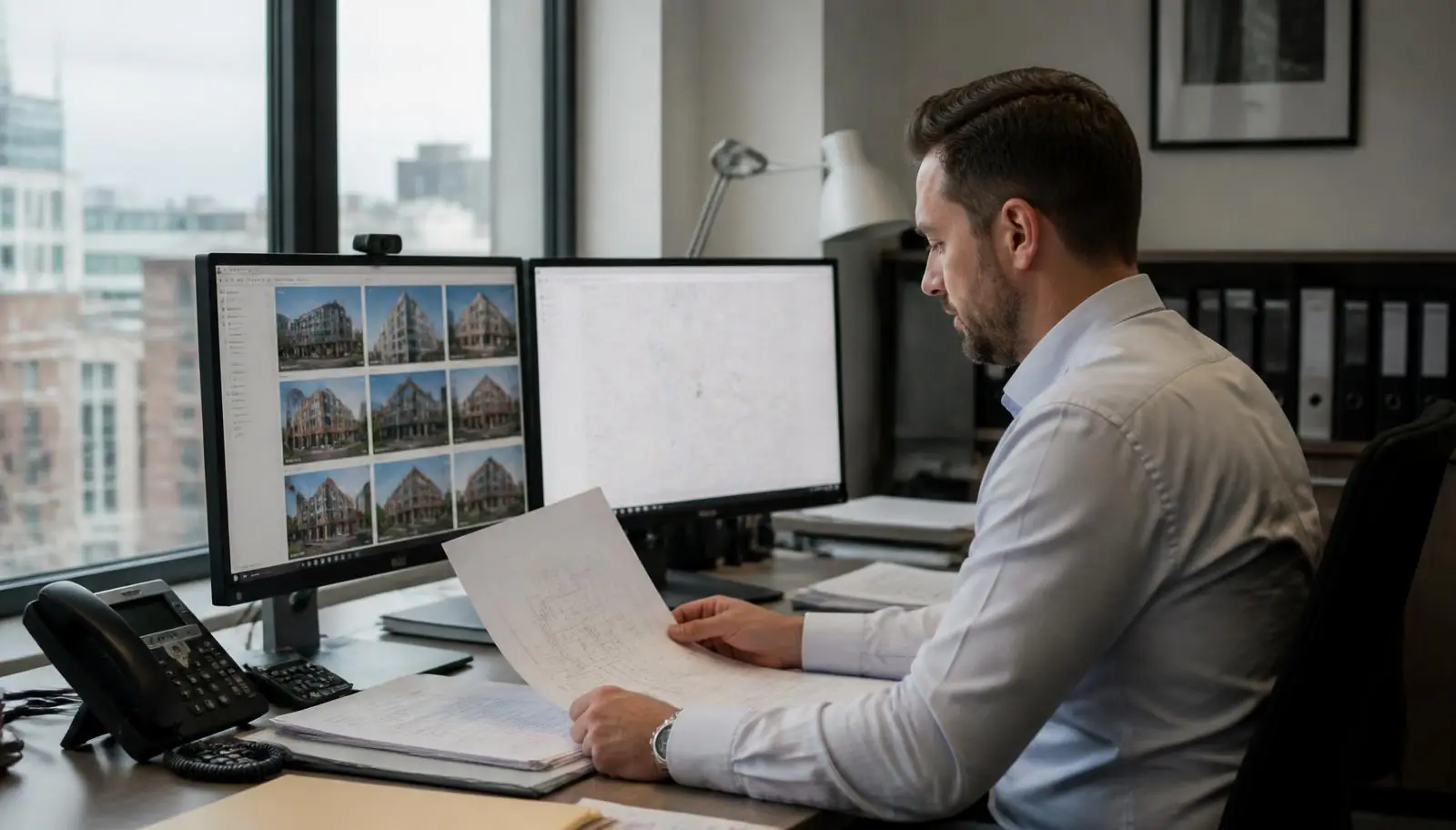 Property manager reviewing building compliance paperwork and floor plans for a managed portfolio