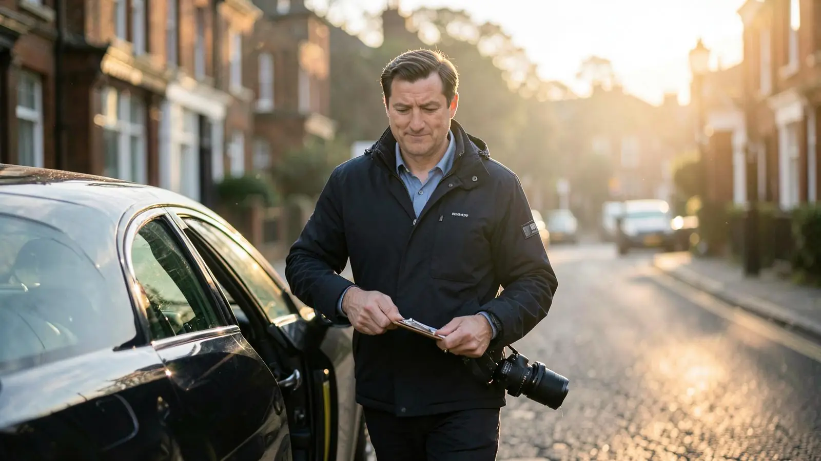 Fire risk assessor arriving on a London street early in the morning with a clipboard and camera for a same-day survey